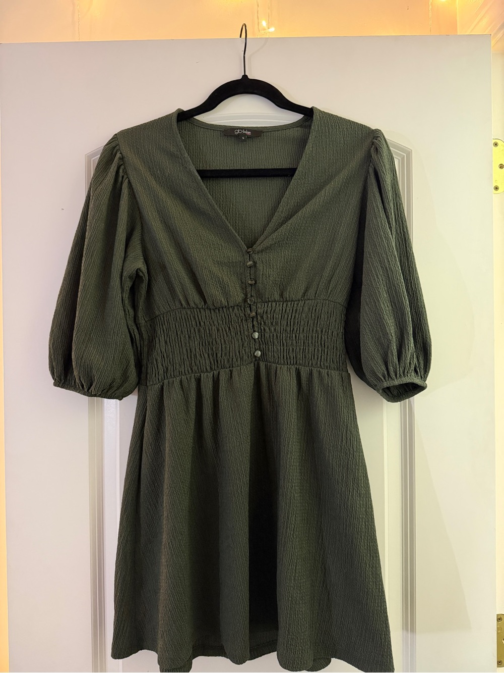 Olive Green Puff-Sleeve Smocked Waist Dress